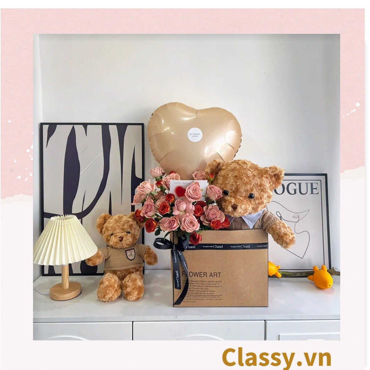 Túi giấy quai xách 30 X 25 X 13 cm đựng hoa trang trí in chữ Flower Art màu Nâu kraft vintage Q1727