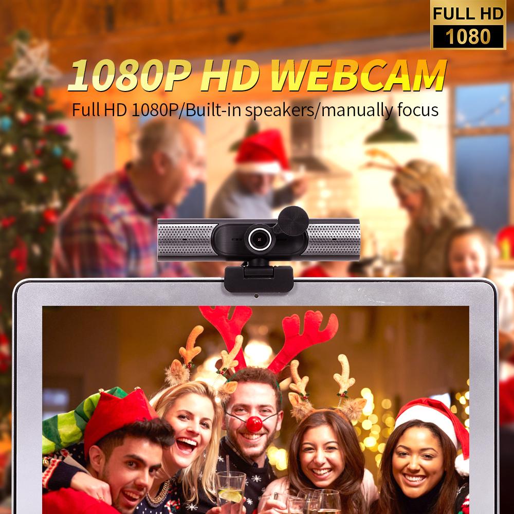 1080P HD Webcam Full HD 1080P Camera Manually Focus Built-in Microphone Built-in Speakers Plug and Play for Online Class
