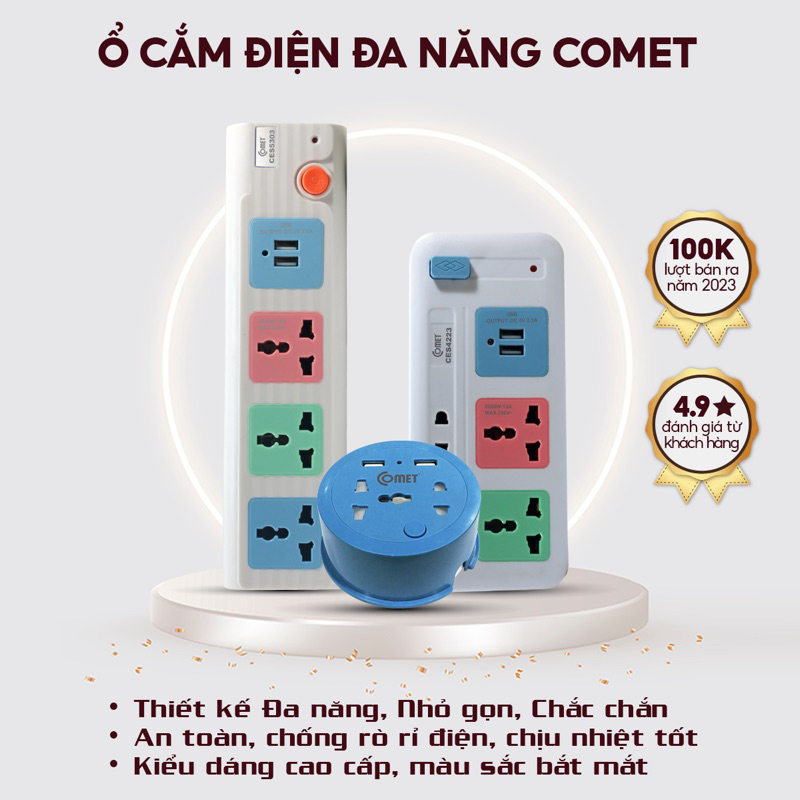 Ổ cắm đa năng Comet có USB công suất cao 2500W chịu nhiệt bảo hành 1 đổi 1