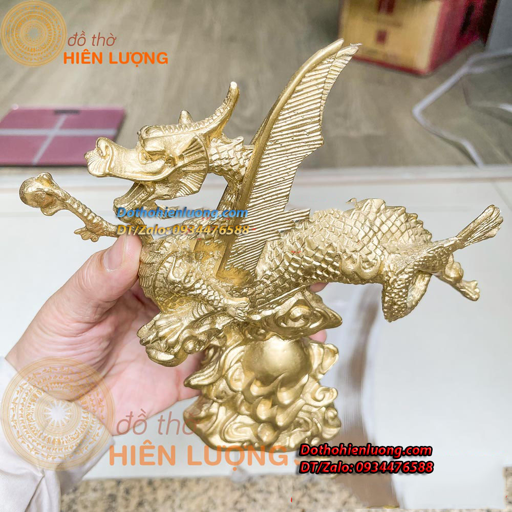 Tượng Rồng Cánh Bay Bệ Mây Màu Vàng Bằng Đồng Kích Thước 20x5x20cm, Nặng 0,9kg - Đồ Thờ Hiên Lượng