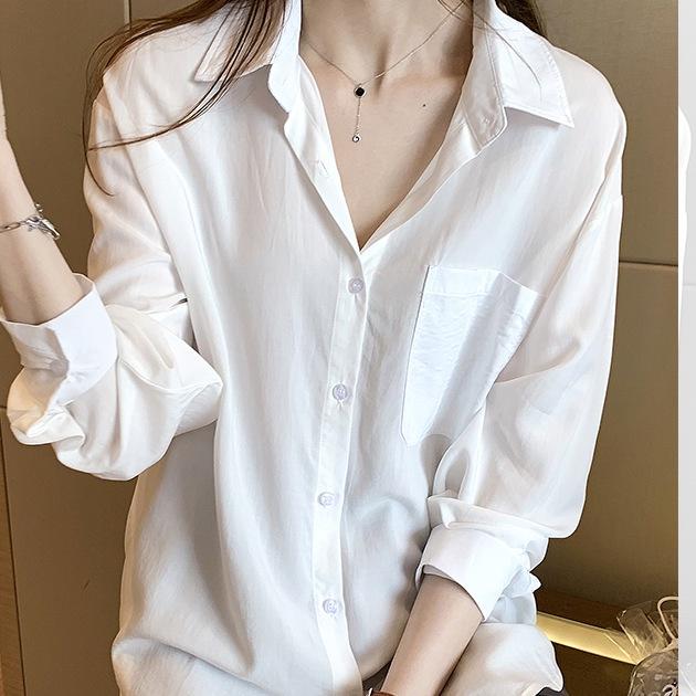 Áo Sơ Mi From Rộng MOLA Màu Trắng Dáng Dài 1 Túi Kiểu Hàn Quốc Vintage Ulzzang Tiểu Thư Bánh Bèo Chất Đũi