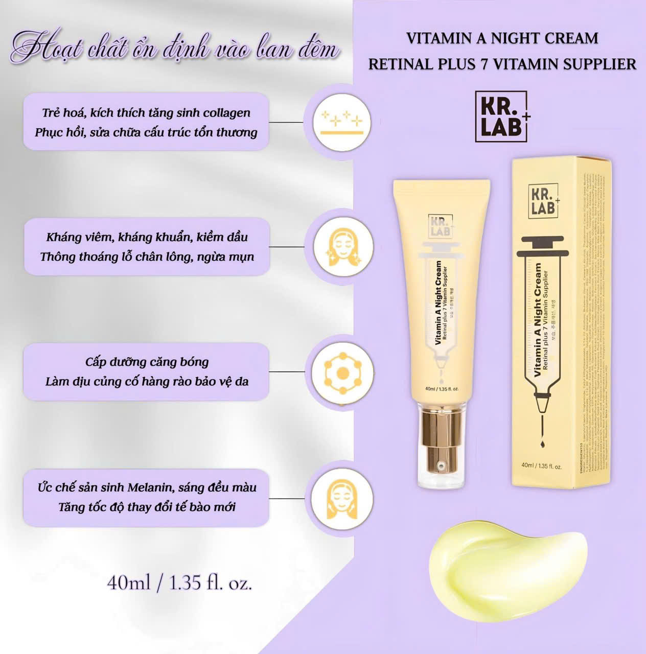Kem đêm retinal 1.0 Kr.lab Vitamin A night cream Retinal plus 7 vitamin supplier hạn dùng 2026
