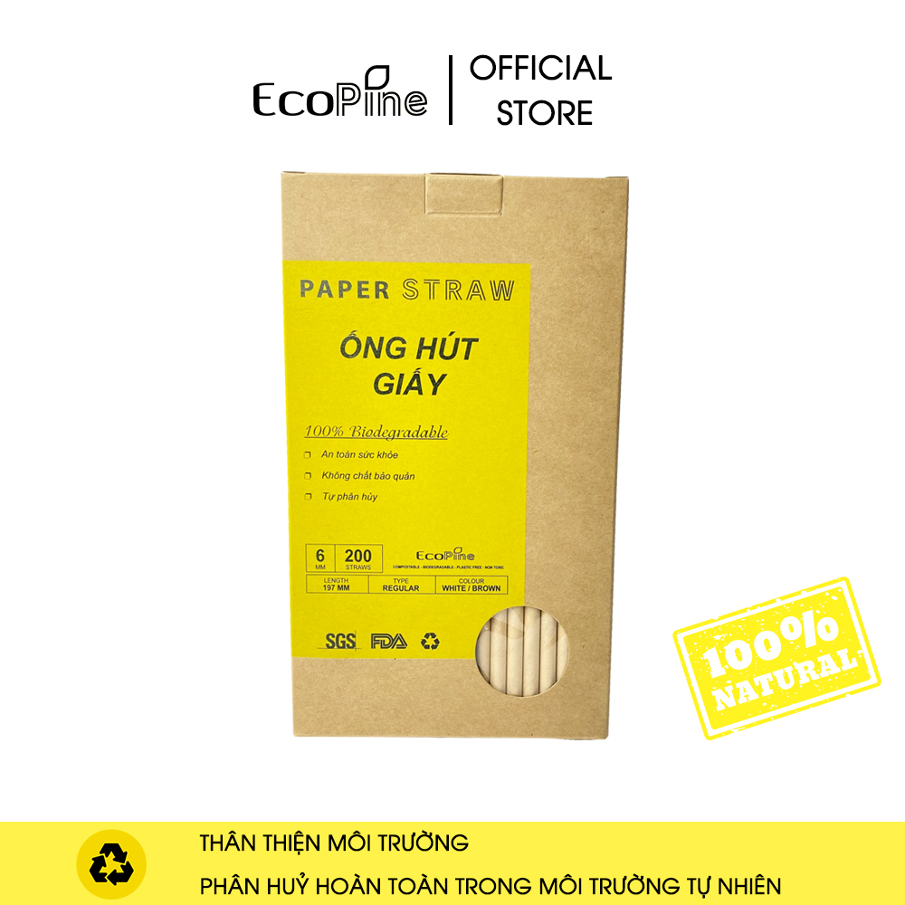 Hộp 200 ống hút giấy phi 6mm màu nâu kraft ECOPINE - Dùng cho cafe, nước ngọt, nước ép