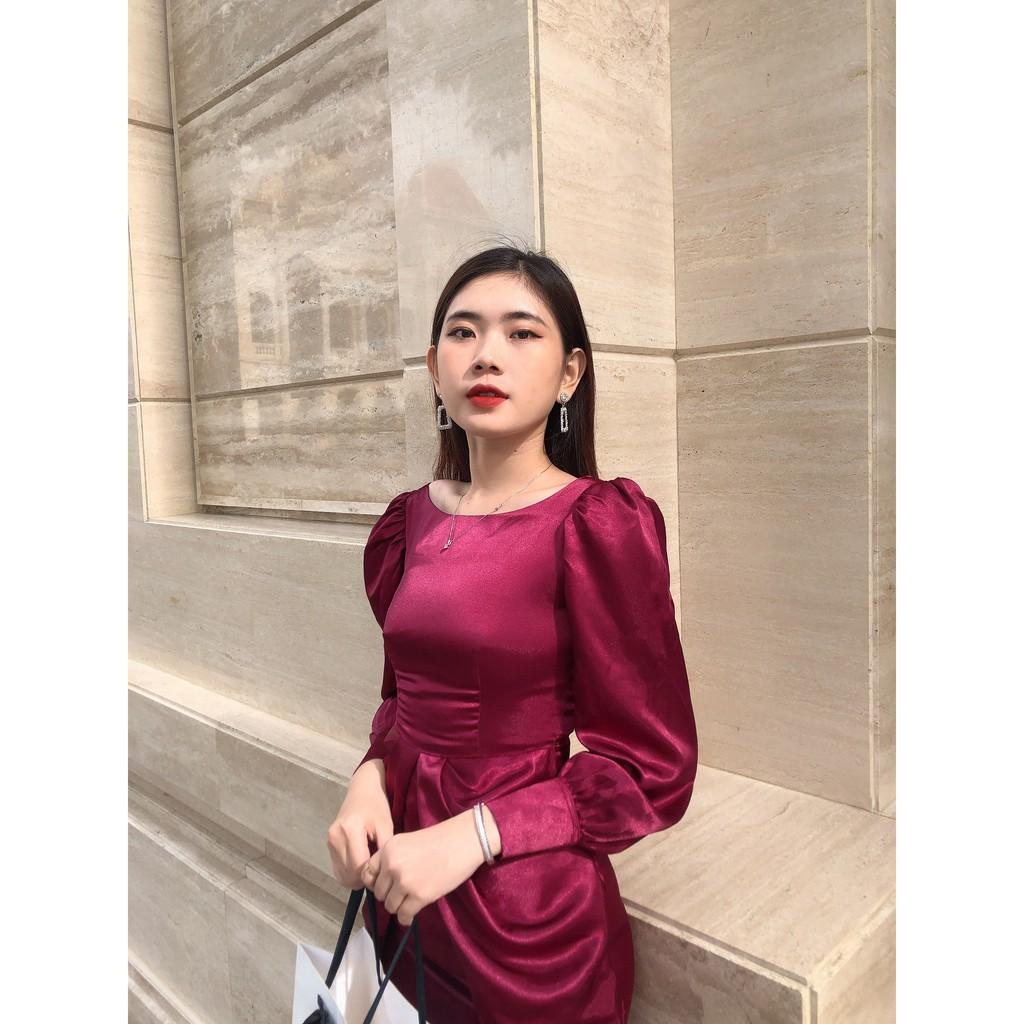 Đầm satin đỏ đô tay bồng