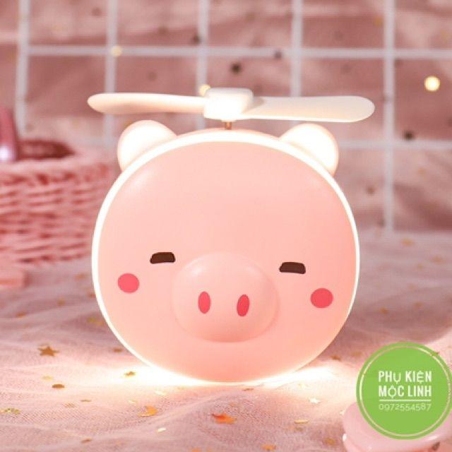 QUẠT HÌNH HEO TÍCH ĐIỆN mini kèm gương và đèn led siêu dễ thương