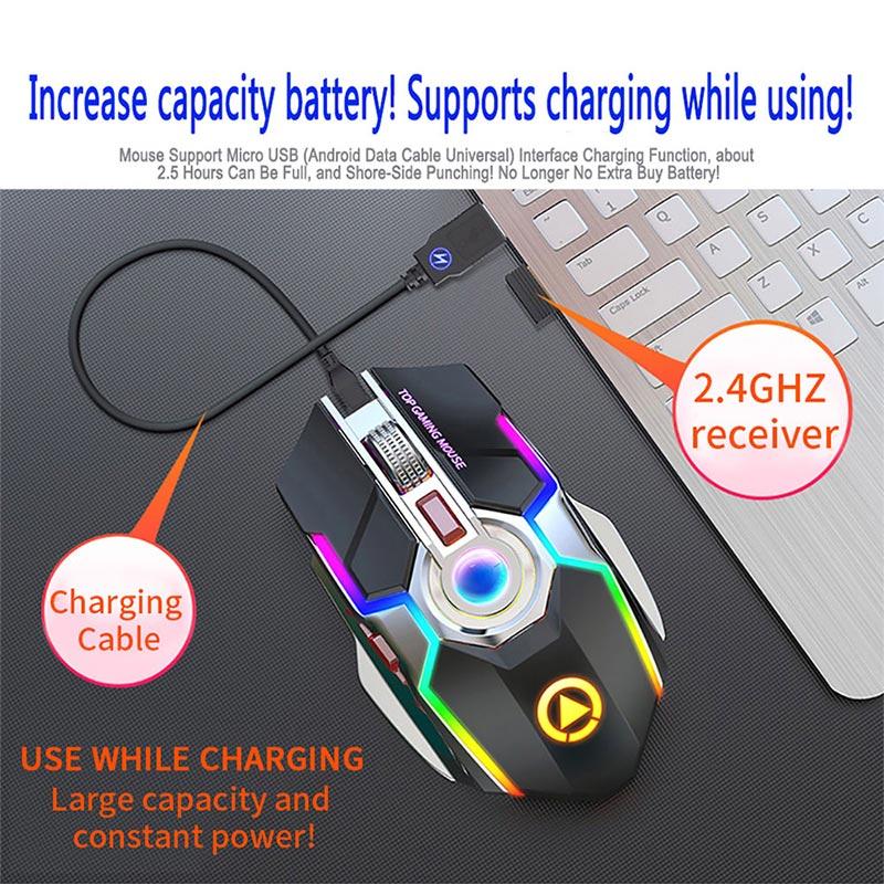 2021 Silent Chuột Không Dây Pin Sạc 2.4G Chuột Chơi Game 1600 DPI 7 Nút Bấm Đèn Nền LED Quang USB Cho Máy Tính laptop