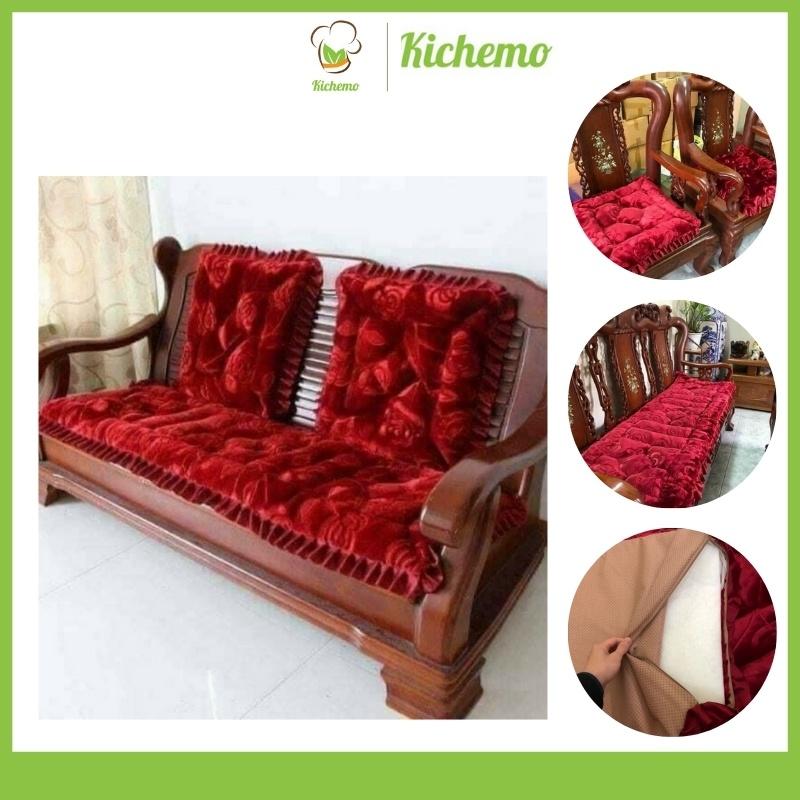 Thảm đệm lót ghế. 1 dài, 2 ngắn. Vải nhung, đệm dày. Hoa hồng to. Dài 165x55cm. Ngắn 55x55cm