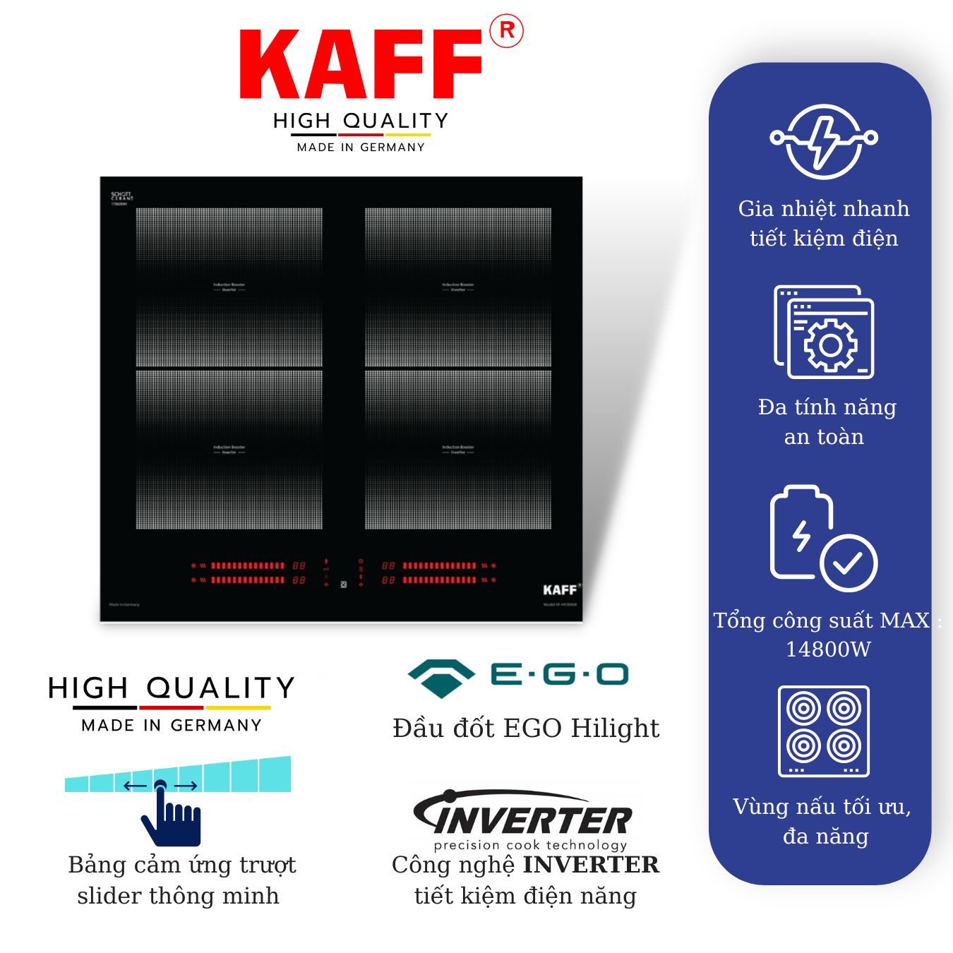 Bếp âm đa từ 4 vùng nấu nhập khẩu Germany KAFF KF–HIDE868I - Hàng Chính Hãng