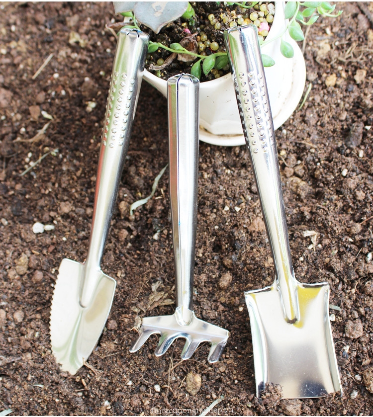 Hình ảnh Bộ dụng cụ làm vườn 3 món inox không gỉ ( Gồm, 1 xẻng, 1 xúc, 1 cào) 