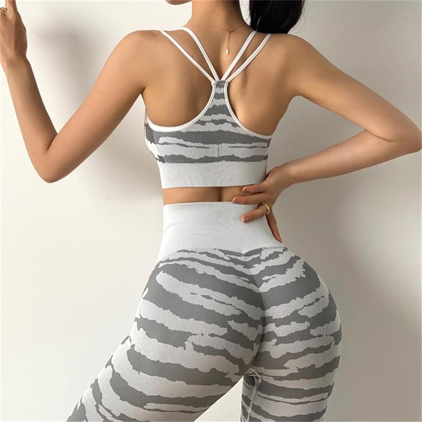 2023 SEAMLESS TIGER GYM BOOTY Yoga Set Scrunch squat Proof leggings Yoga Quần Thể thao Trang phục tập luyện tập thể dục phù hợp với hoạt động Color: white bra Size: L