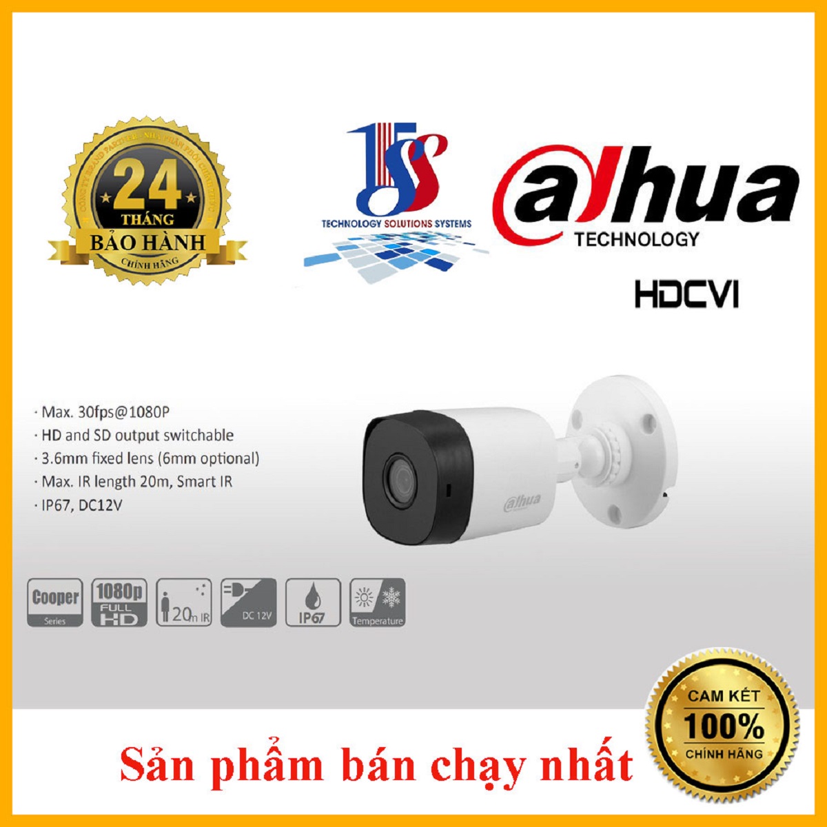 Camera Dahua HDCVI DH-HAC-B1A21P  2.0 megapixel, kết nối analog, vỏ nhựa. chống nước IP67- Hàng chính hãng bảo hành 24 tháng