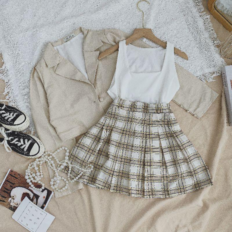SET 3 MÓN: KHOÁC CROP VEST + CROP 2S TRẮNG + CHÂN VÁY CARO XẾP LY