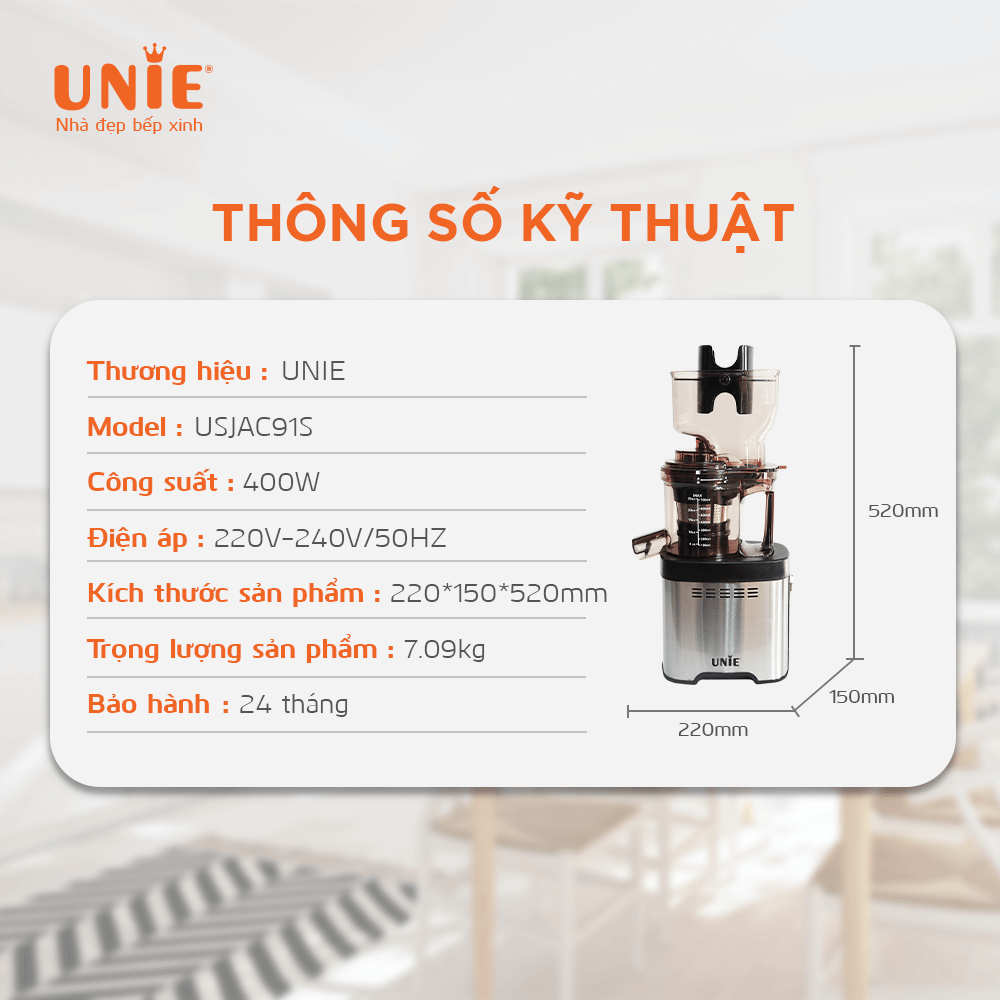 Máy Ép Trái Cây, Máy Ép Chậm Cao Cấp UNIE USJAC91S Tiêu Chuẩn Đức Dung Tích 700 ML Công Suất 400 W - Hàng Chính Hãng