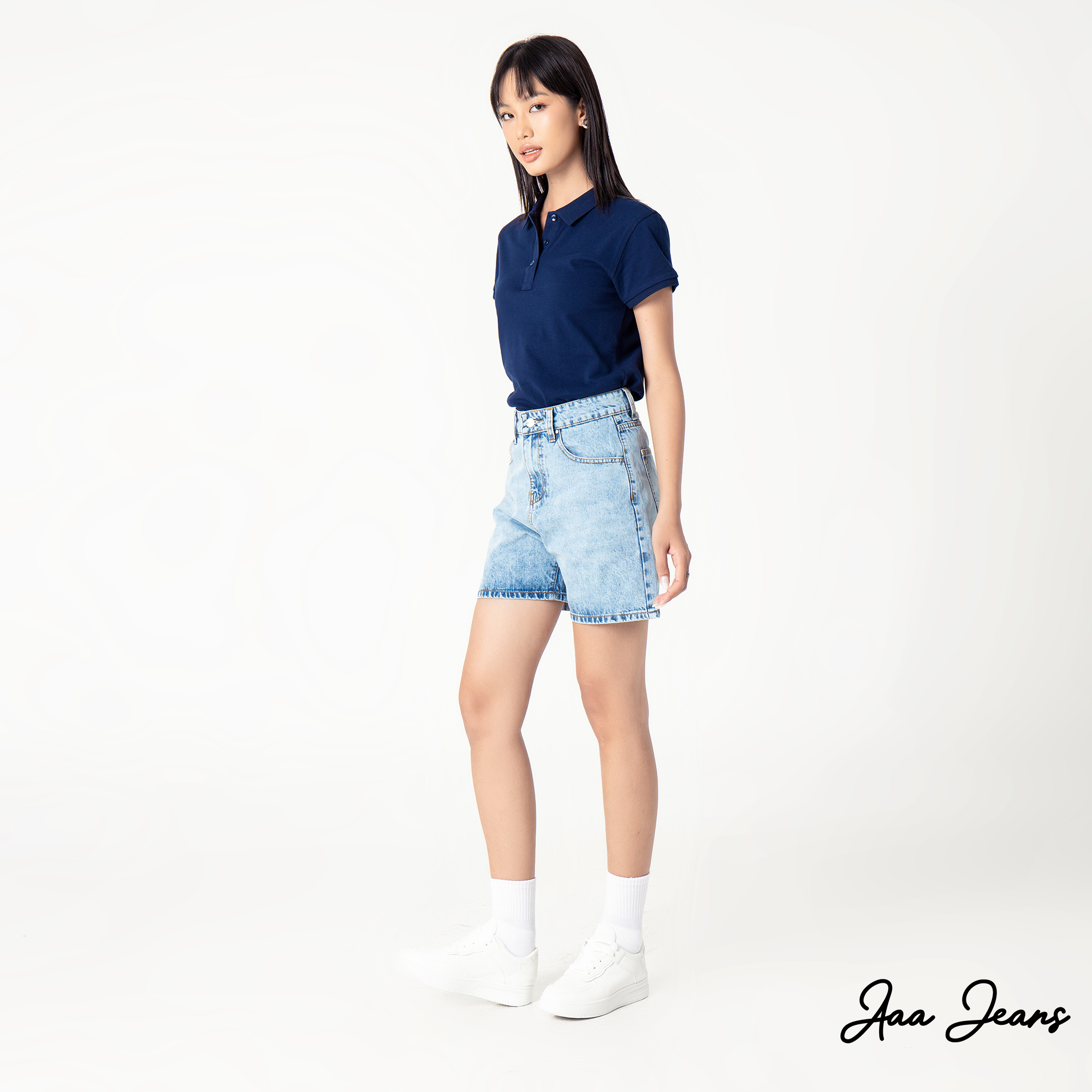 Quần short jean nữ lưng cao regular fit Aaa Jeans Silver Blue