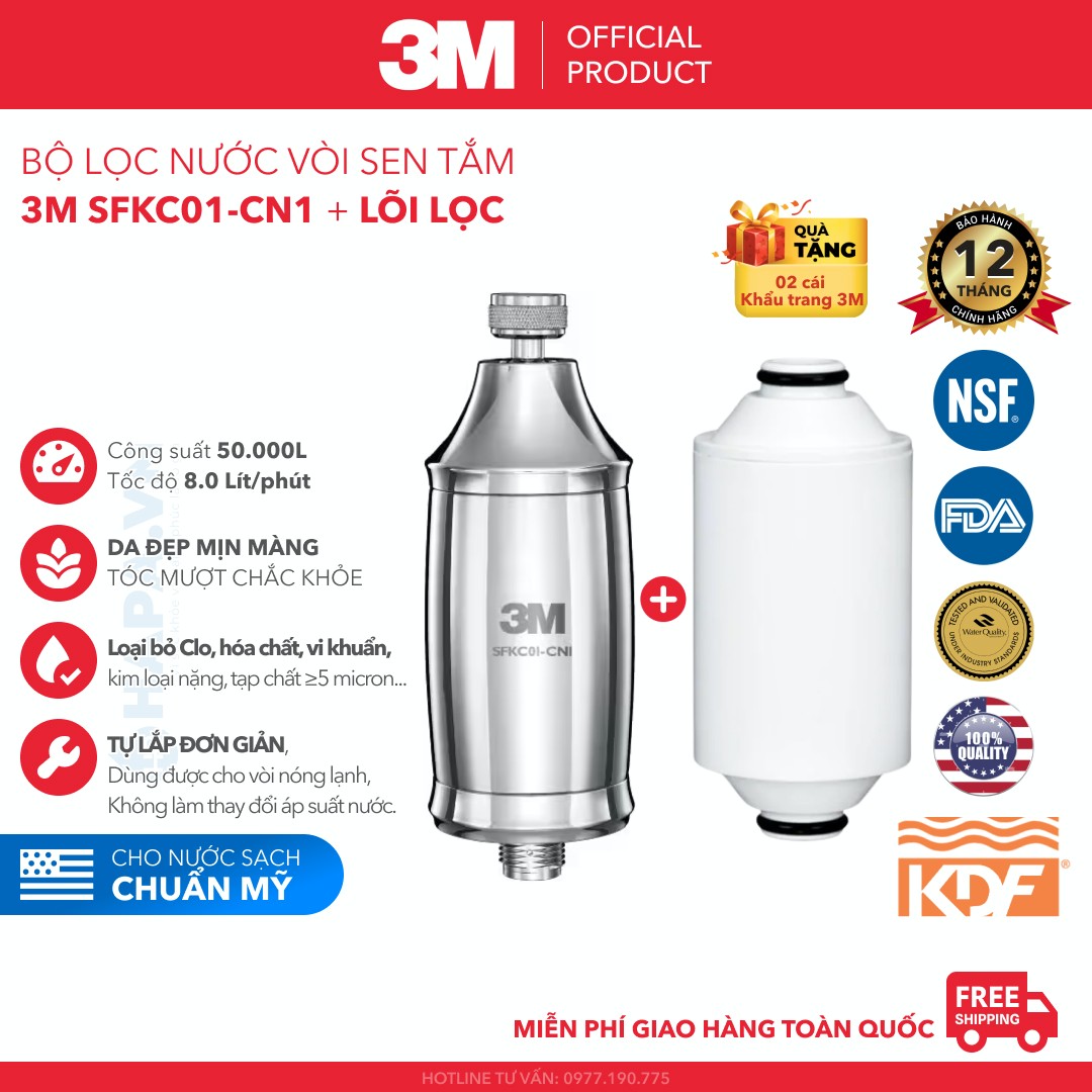 Bộ Lọc Nước Vòi Sen Tắm Nóng Lạnh 3M SFKC01-CN1 | 3M HSF-IS Tự Lắp Đặt Dễ Dàng, Thay Lõi Đơn Giản - Hàng Chính Hãng