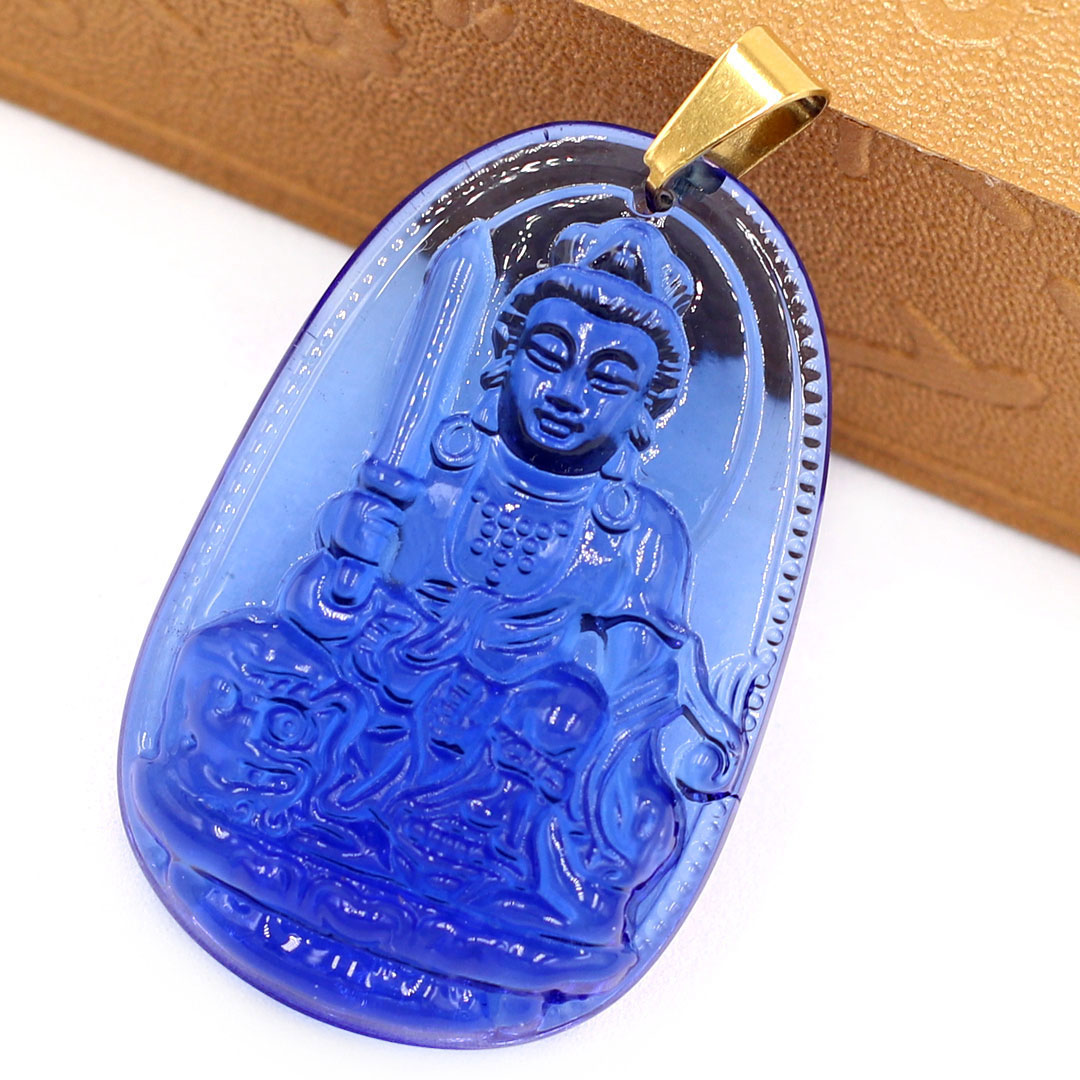 Mặt Phật Văn Thù Bồ Tát pha lê xanh 5cm