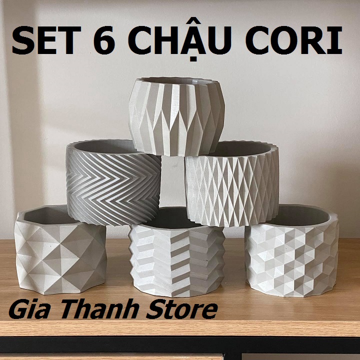 Set 6 Chậu xi măng đúc SeeArt, trồng xương rồng, sen đá, hoa cây cảnh mini, chậu xi măng trụ tròn 11x8.5cm , Chậu đĩa lót cây nghệ thuật để bàn Cori Onion Decor