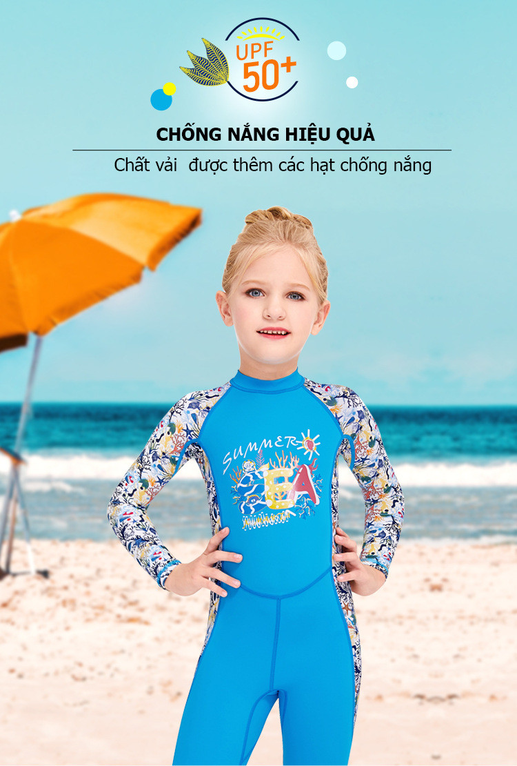 Đồ bơi cho bé gái tay dài full body chống nắng UPF50+