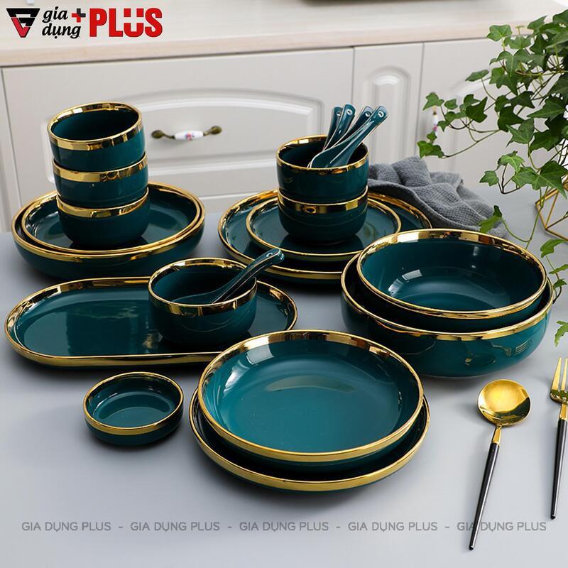 Bộ chén bát xanh ngọc lục bảo viền vàng phong cách Bắc Âu cao cấp
