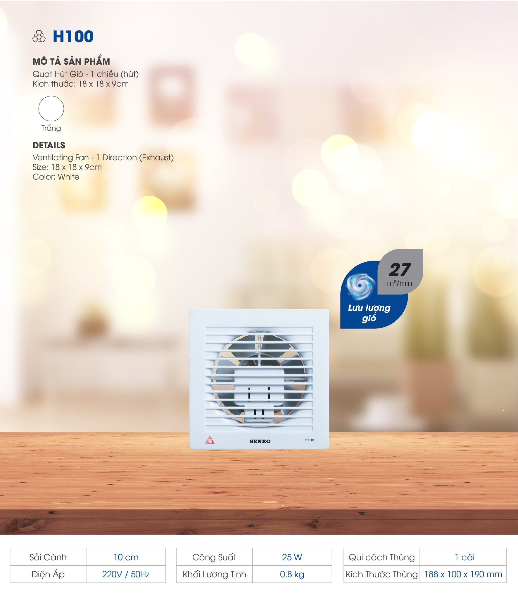 Quạt Hút Thông Gió Senko H100 (25W) - Trắng - Hàng Chính Hãng