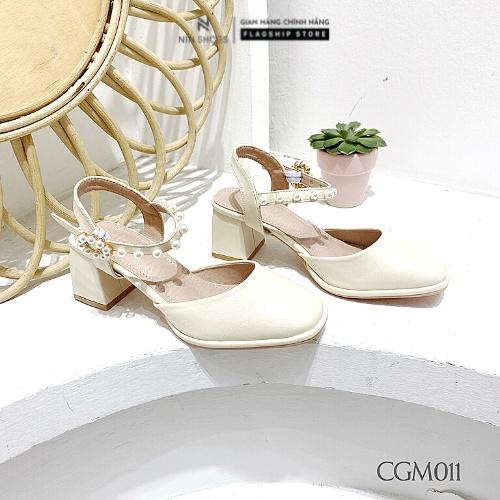 Giày cao gót Ninshoes - Cao gót Mary jane 5P đế vuông mũi tròn bít gót, quai cài đính ngọc phong cách hàn quốc