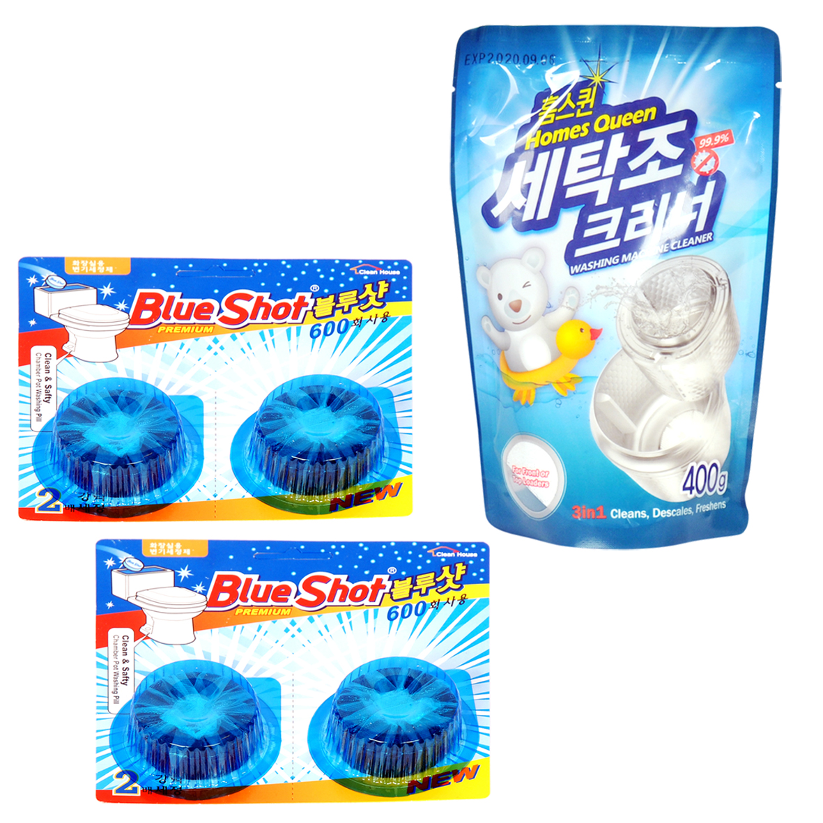 Combo 2 vỉ tẩy vệ sinh bồn cầu BlueShot + 1 gói tẩy vệ sinh máy giặt Homes Queen Hàn Quốc: Khử mùi hôi, vi khuẩn hiệu quả, tiết kiệm thời gian