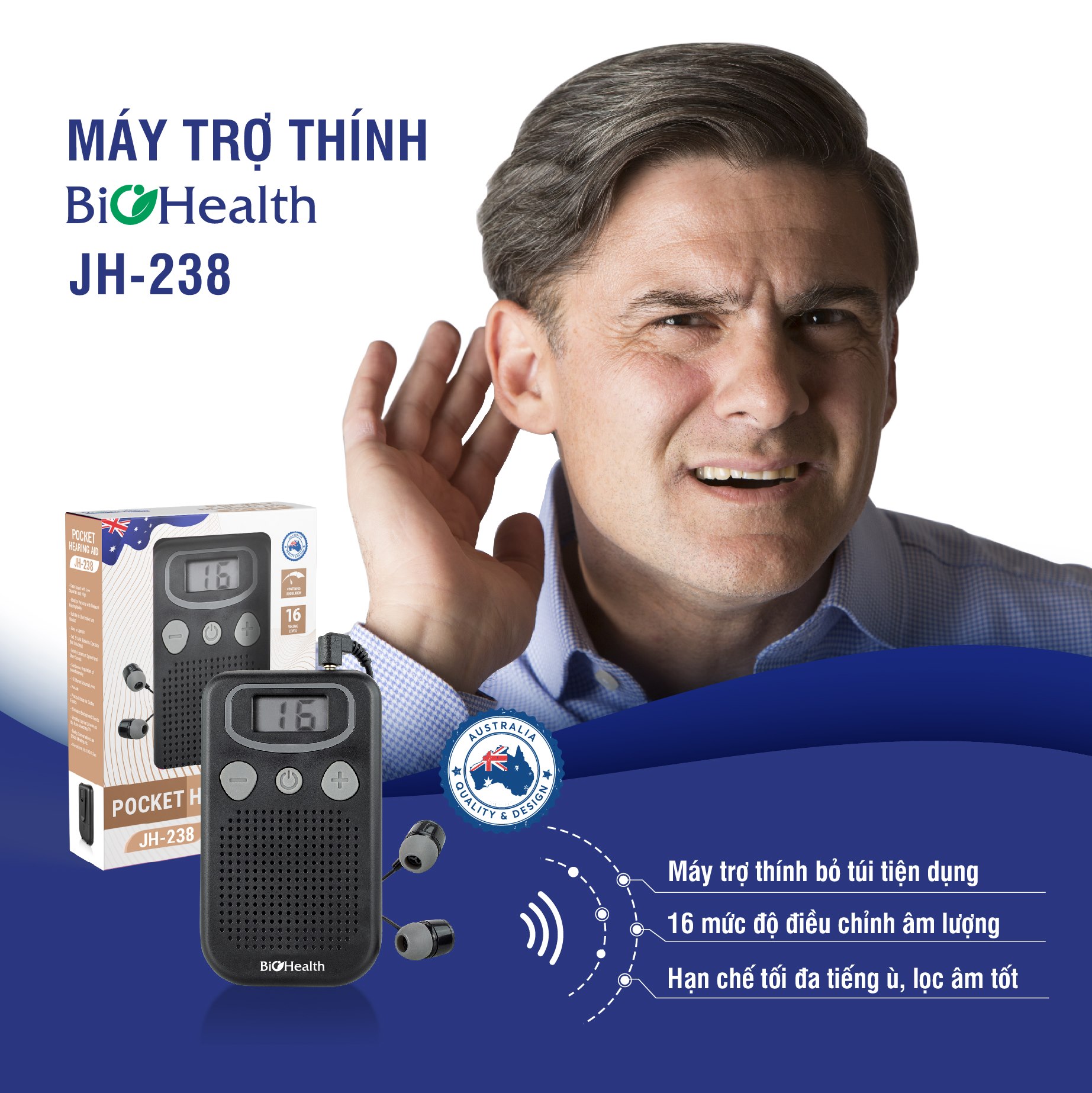 MÁY TRỢ THÍNH Bỏ túi có dây Biohealth JH-238 - Máy điếc, Tai nghe trợ thính cho người già CHÍNH HÃNG.