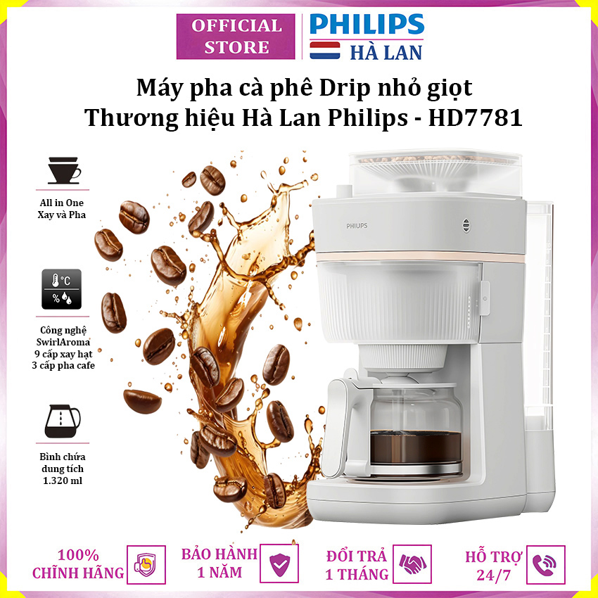 Máy pha cà phê Drip nhỏ giọt thương hiệu Hà Lan cao cấp Philips Morgen HD7781/90 - Hàng nhập khẩu