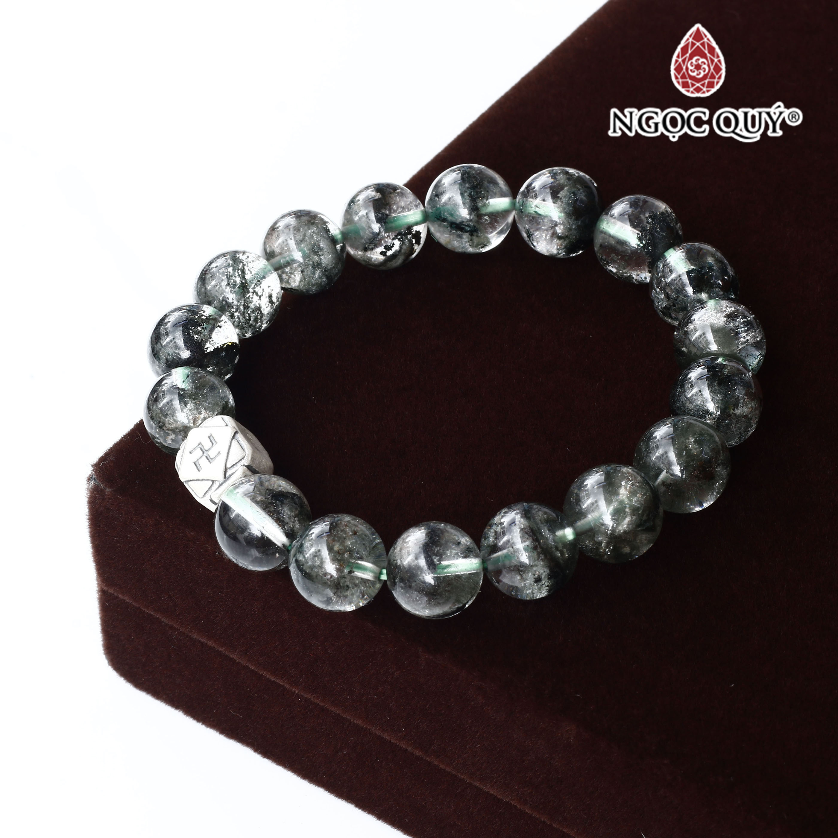 Vòng thạch anh ưu linh xanh 12mm charm chữ vạn bạc - Ngọc Quý Gemstones