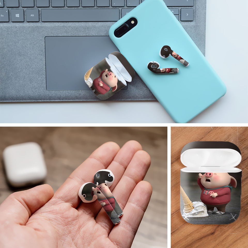 Miếng dán skin chống bẩn cho tai nghe AirPods in hình Heo con dễ thương - HEO2k19 - 133 (bản không dây 1 và 2