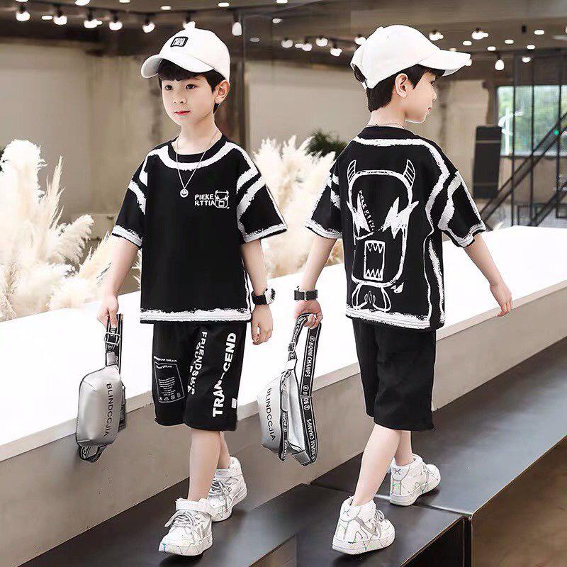 Đồ bộ bé trai Con Xinh cotton họa tiết in PIEKE trắng đen, thời trang dành cho trẻ em từ 4 đến 10 tuổi