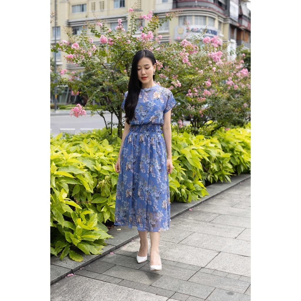 SHEAZ Set đầm dài cạp chun, tơ xanh hoa nhí, phong cách Hàn Quốc