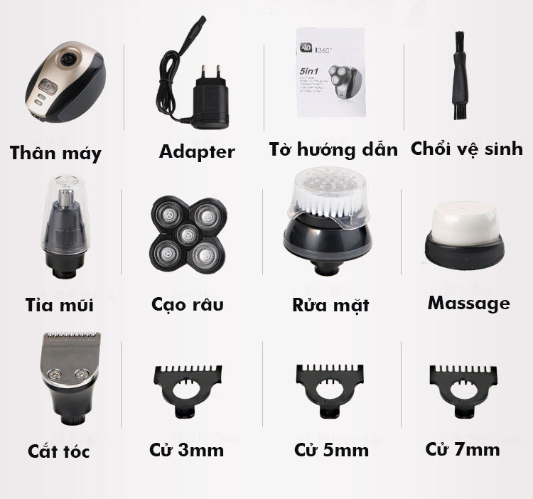 Máy cạo râu 5 in 1 Kemei KM-1000 đa năng chống thấm nước với 5 đầu thay thế chuyên dùng cạo râu, cạo đầu, cắt tóc, tạo kiểu, tỉa lông mũi, cọ rửa mặt, massage được thiết kế lưỡi thép không gỉ nhỏ gọn, tiện lợi TẶNG KÈM bộ kẹp cá sấu chia tóc 6 cái màu ngẫu nhiên