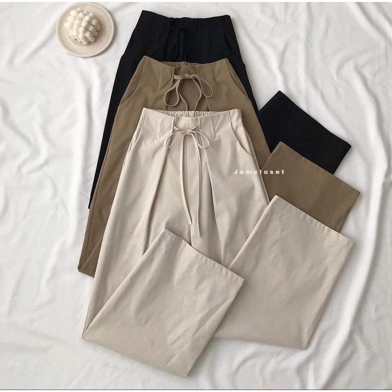 Quần ống rộng suông, Quần culottes nữ lưng cao thắt dây nơ lưng chun chất kaki thô
