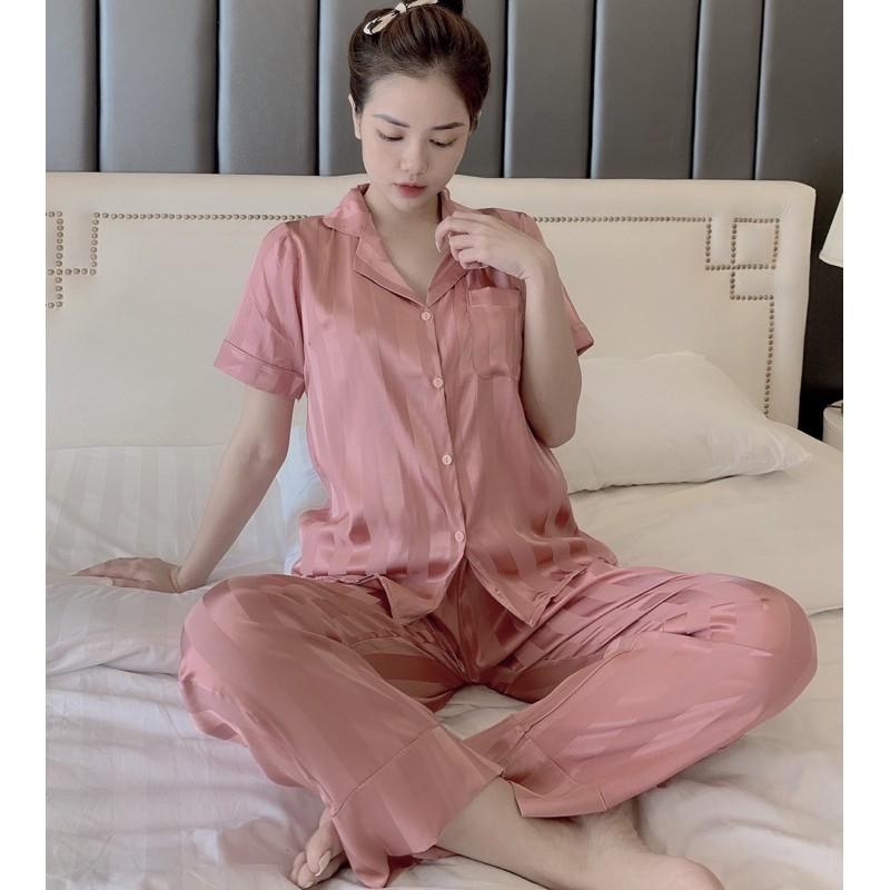Bộ Lụa gấm sọc tay ngăn, quần dài  Không Nhăn, Không Bai Giãn, Không Phai Màu