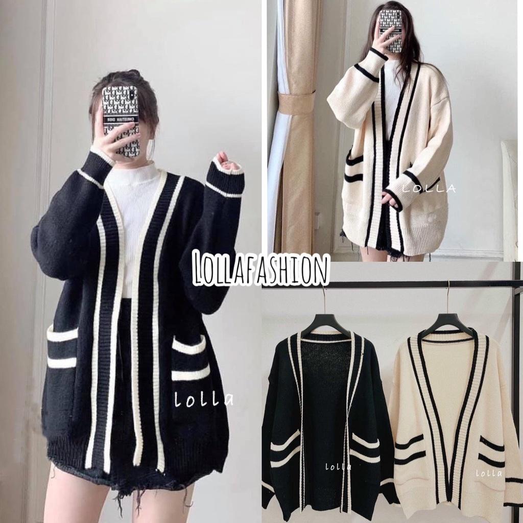 [L2M] Áo khoác len nữ THU ĐÔNG Cardigan có túi DÁNG DÀI form rộng phối viền 2 MÀU cực xịn xò