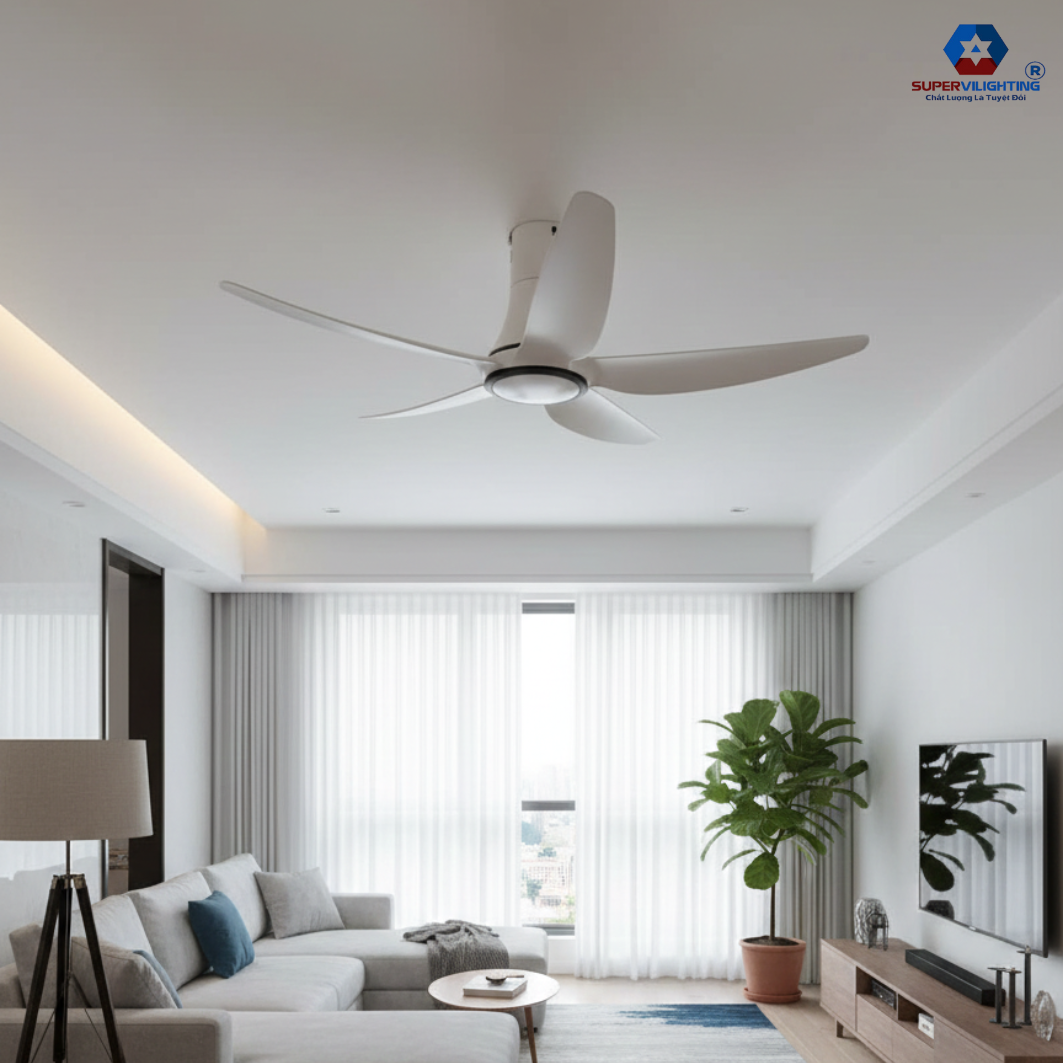 SUPERVILIGHTING Hàng chính hãng Quạt Trần 5 Cánh DC 50W Chống Sét 6000V Sải 1.45m Đèn LED 3 Màu Trắng Vàng Sang Trọng Tiết Kiệm Điện An Toàn Tuyệt Đối
