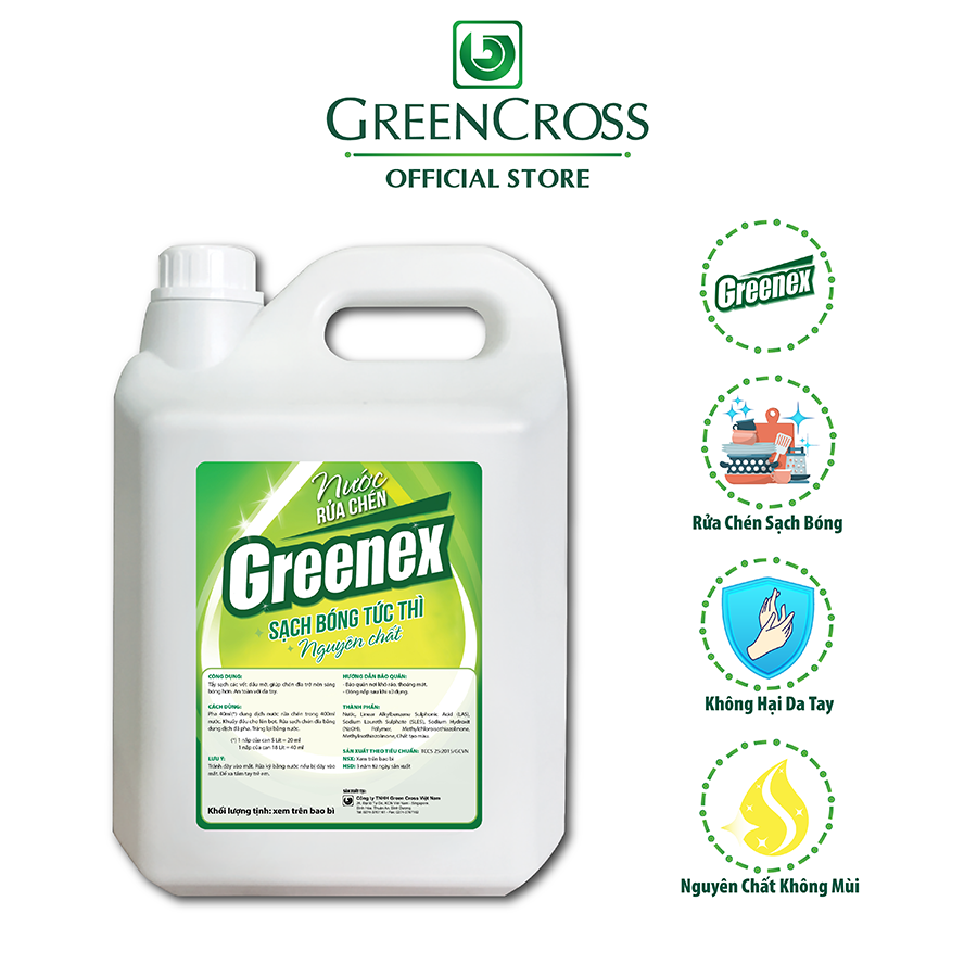 NƯỚC RỬA CHÉN NGUYÊN CHẤT GREENEX KHÔNG MÙI - CAN 5L Tặng thêm 1 chai lau kính Greenex 500ml