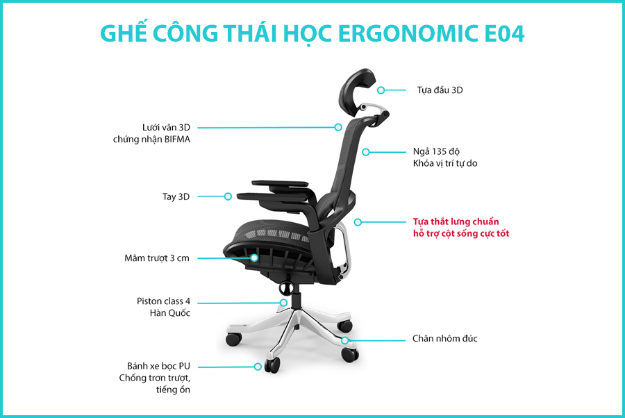 Ghế công thái học cho người BigSize, ghế xoay văn phòng có kê chân Nghia Furniture Ergonomic E04T