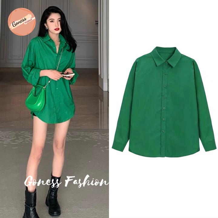Áo sơ mi nữ Goness dài tay form rộng kiểu sơmi màu xanh trơn đẹp thời trang công sở đi học