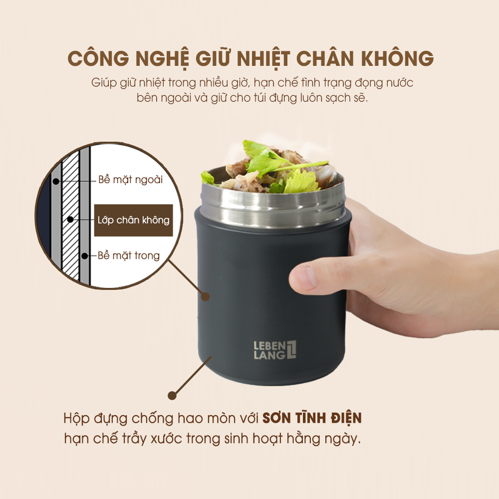 Hộp đựng cơm giữ nhiệt chân không bằng inox LEBENLANG LBL8568, 3 hộp riêng biệt, TẶNG kèm túi đựng giữ nhiệt - hàng chính hãng