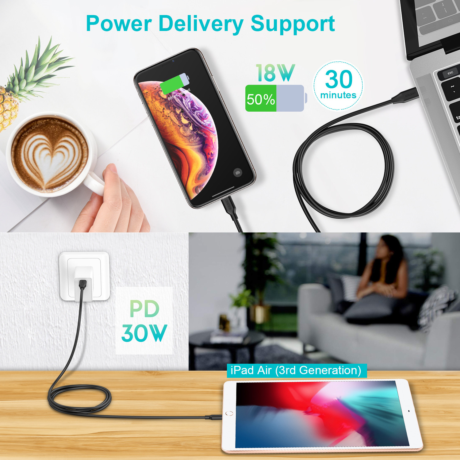 Dây cáp sạc nhanh 30W chuẩn PD 3.0 Type-C to Lightning dài 180cm hiệu CHOETECH IP0036 cho iPhone / iPad (trang bị chip sạc thông minh, tốc độ truyền tải dữ liệu tốc độ cao 480Mbps) - Hàng chính hãng