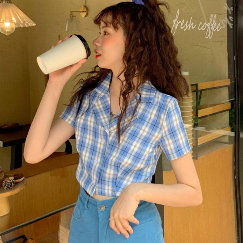 Áo sơ mi nữ họa tiết sọc caro phong cách Hàn Quốc tay ngắn