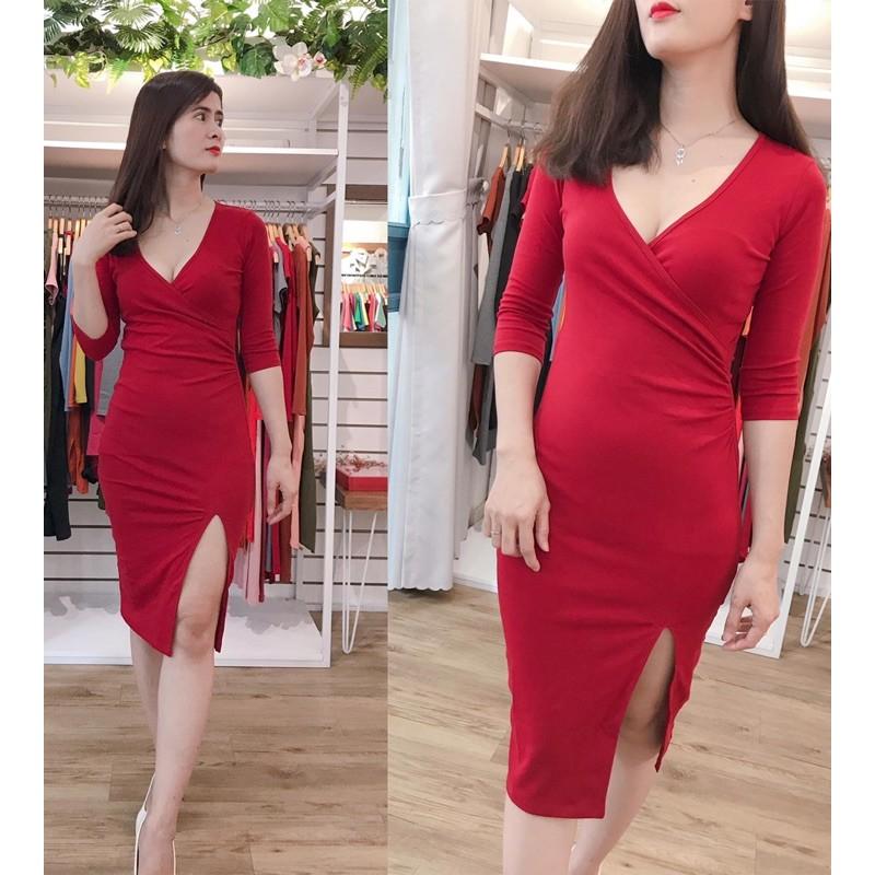 F251 ĐẦM ÔM BODY CỔ TIM ĐẮP CHÉO XẺ TÀ, NHÚNG EO