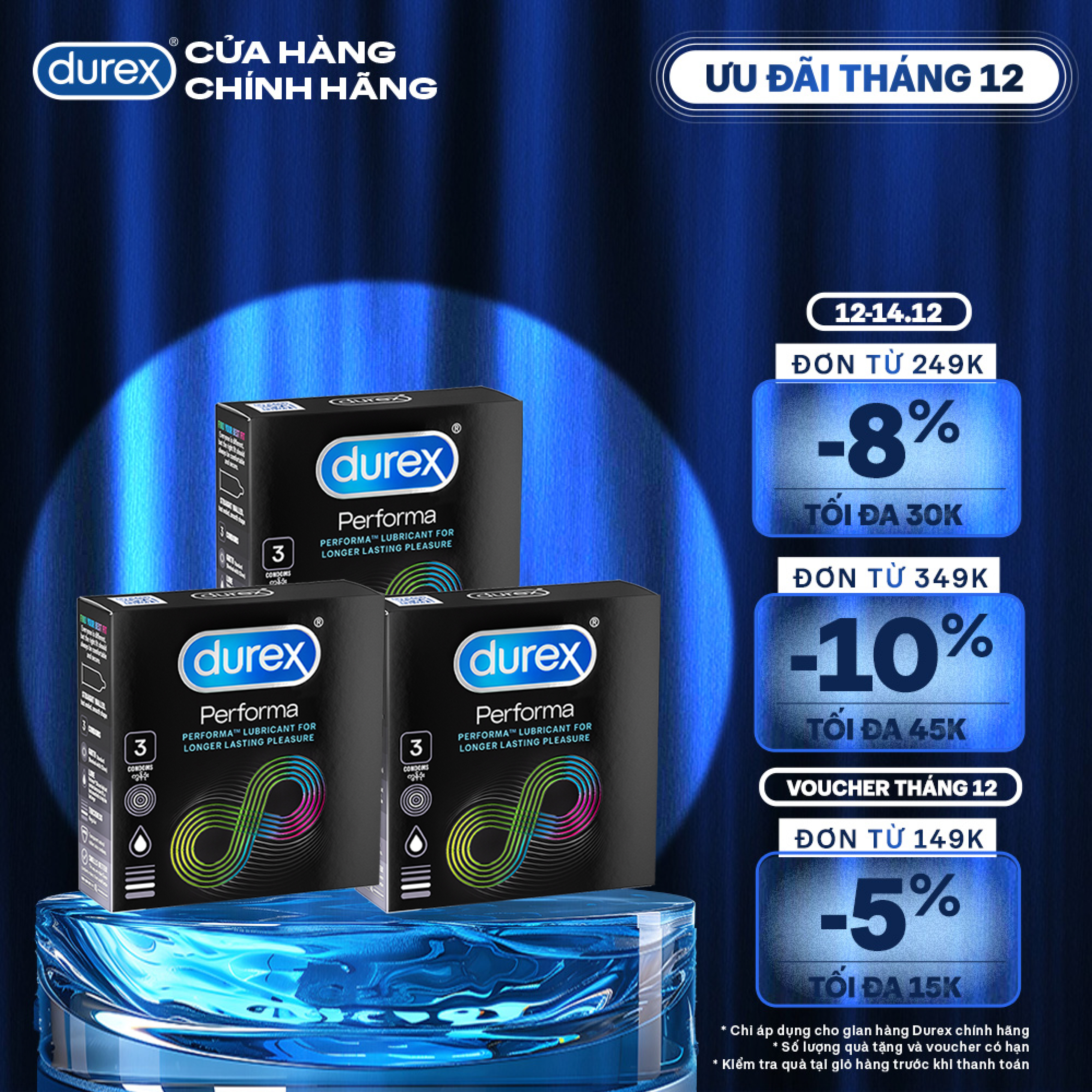 Bộ 3 hộp bao cao su Durex Performa kéo dài thời gian, size 52mm, 3 bao/hộp