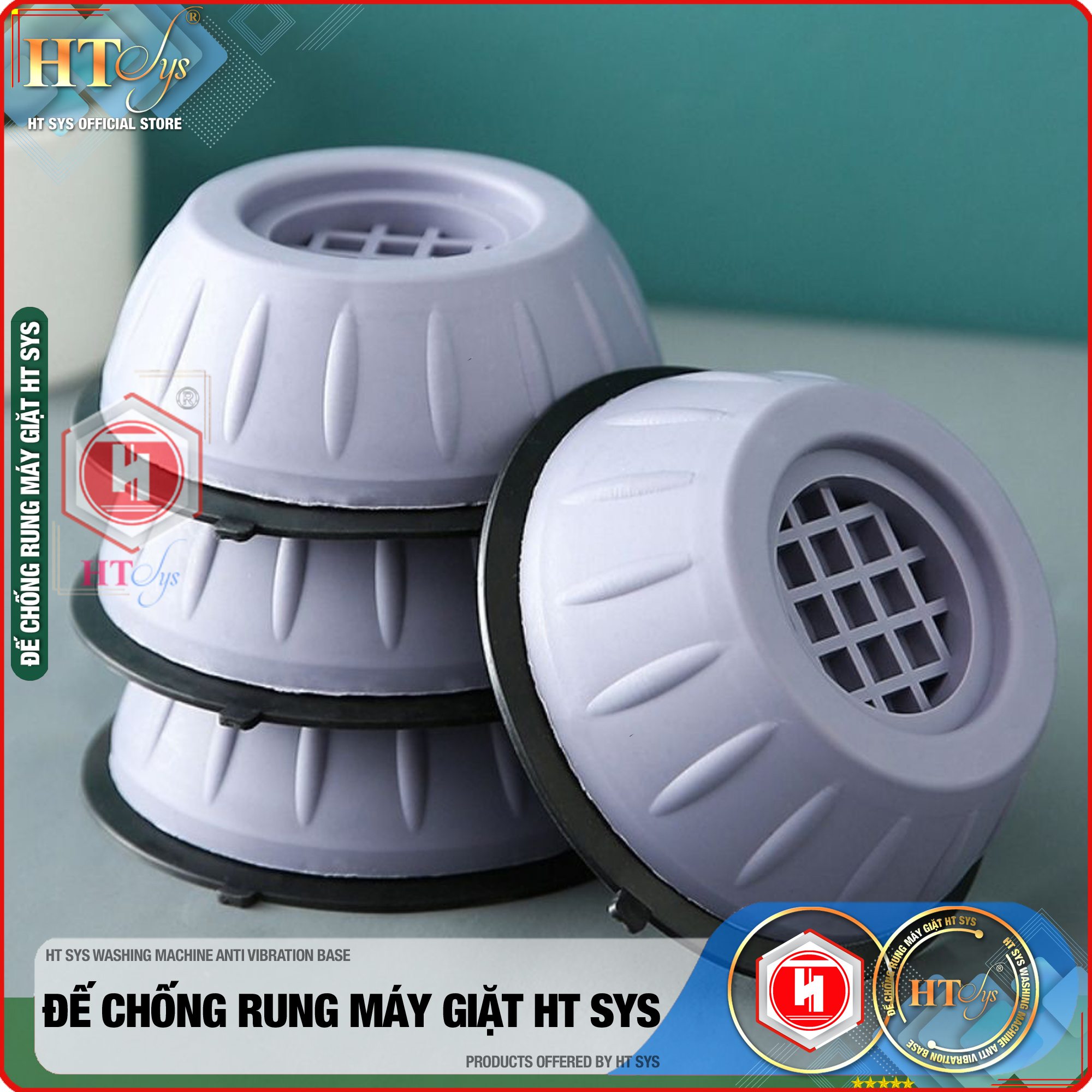 Combo  04  đế cao su chống rung máy giặt - HT SYS - Đế chống rung máy giặt - Đế chống ồn máy giặt, máy sấy,tủ lạnh, bàn ghế +01 Sét 3 móc dính dán tường vàng tài lộc HT SYS