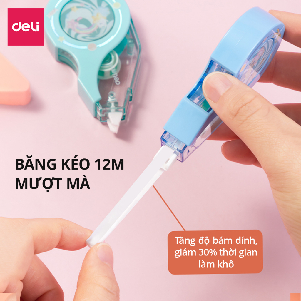 Bút Xóa Băng Kẹo Ngọt Dễ Thương 12m Deli - Xóa Sạch Phủ Kín Khô Nhanh Viết Đè Lên Ngay - Băng Kéo Cho Học Sinh Văn Phòng