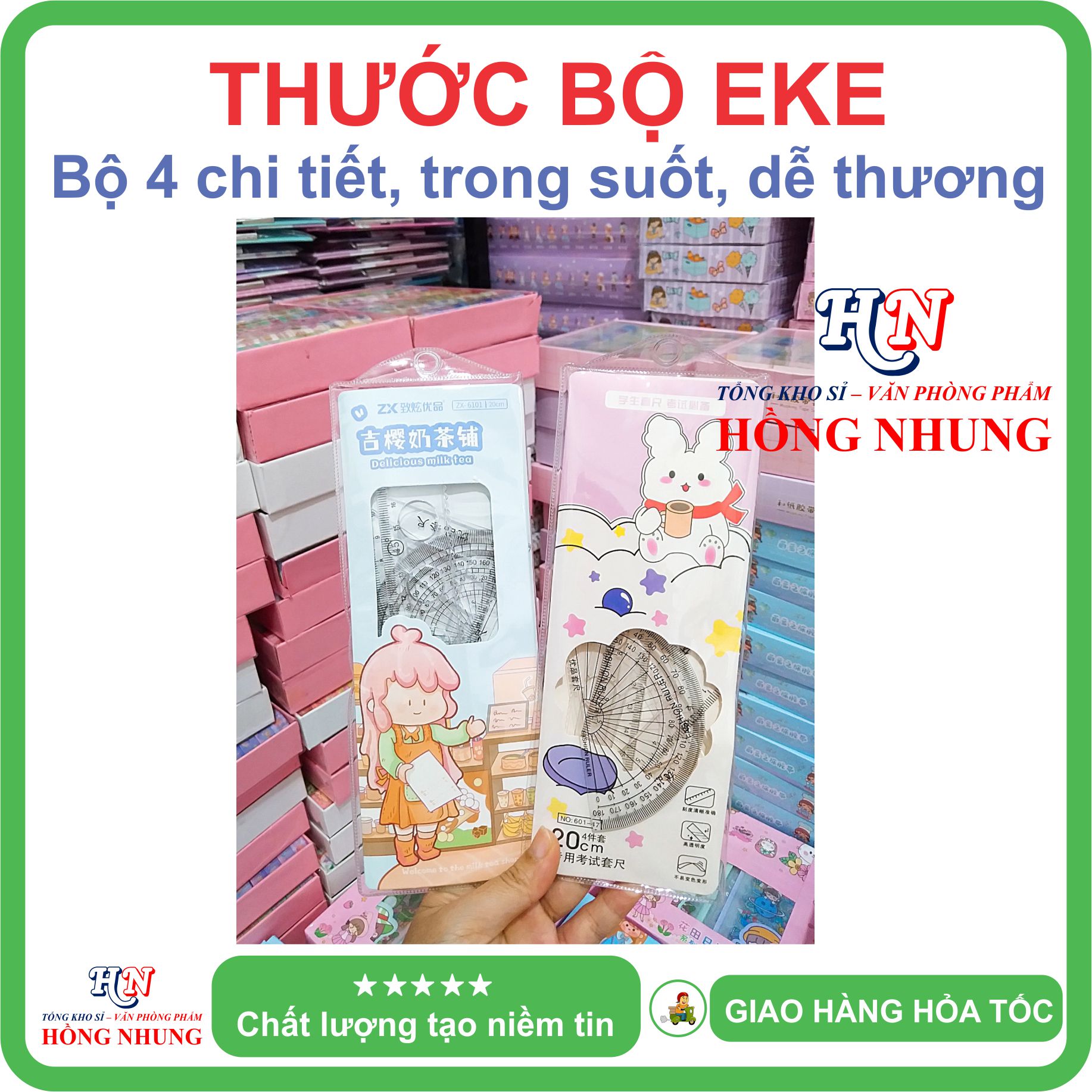 [SALE] Bộ Thước Eke 4 món dễ thương kèm túi, trong suốt, thích hợp cho học sinh để đo vẽ trường tròn, vẽ góc