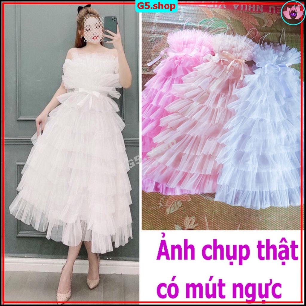 Váy Maxi Tầng Lưới tiểu thư voan tơ 2 dây Có Mút Ngực - đầm Nữ trễ vai công chúa phong các