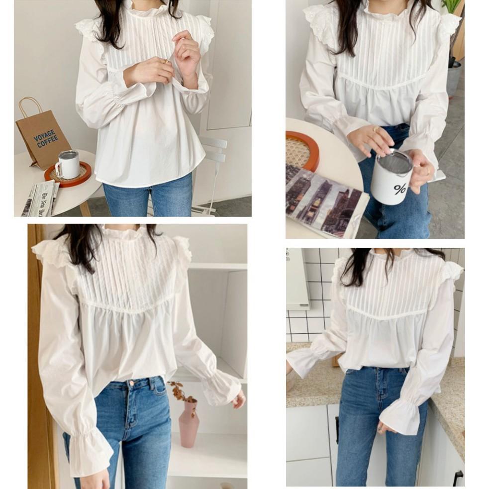 Áo babydoll cánh tiên dài tay, Kiểu áo sơ mi nữ tay bồng xếp ly dọc ngực phối ren